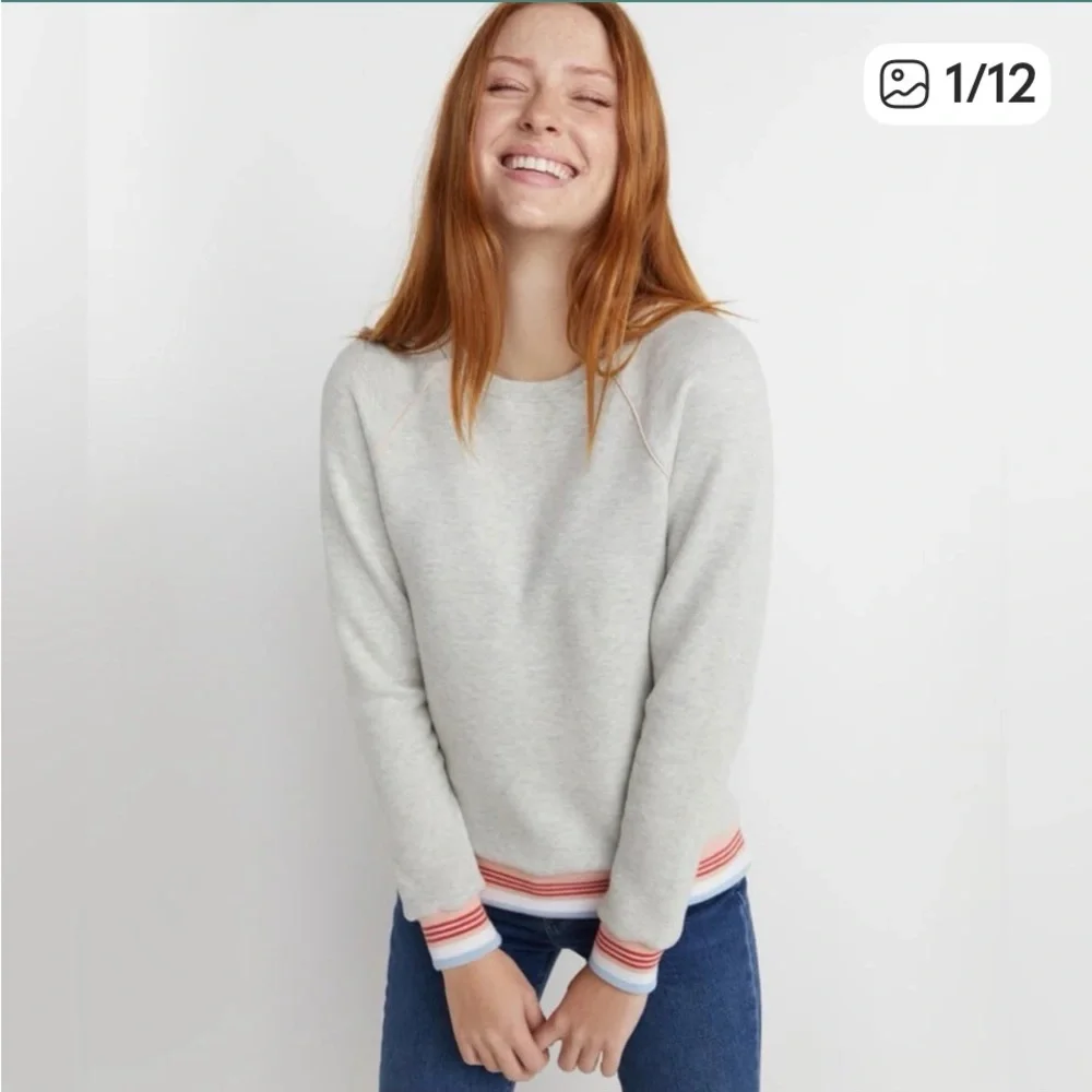 Marine Layer Gray Crew Neck Sweater with Striped Cuffs - Picture 2 of 5